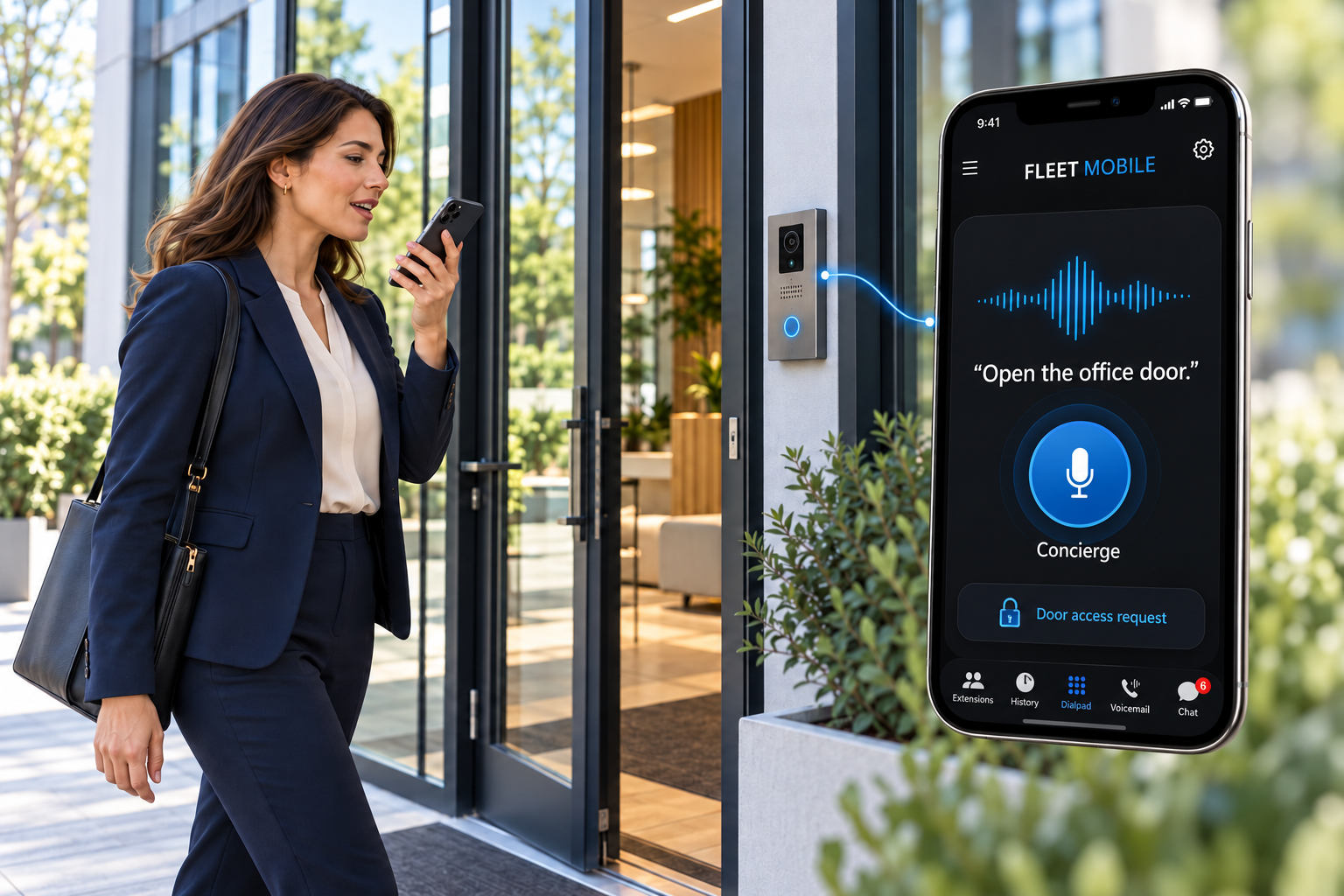 Professional employee saying Open the office door into Fleet Mobile Concierge