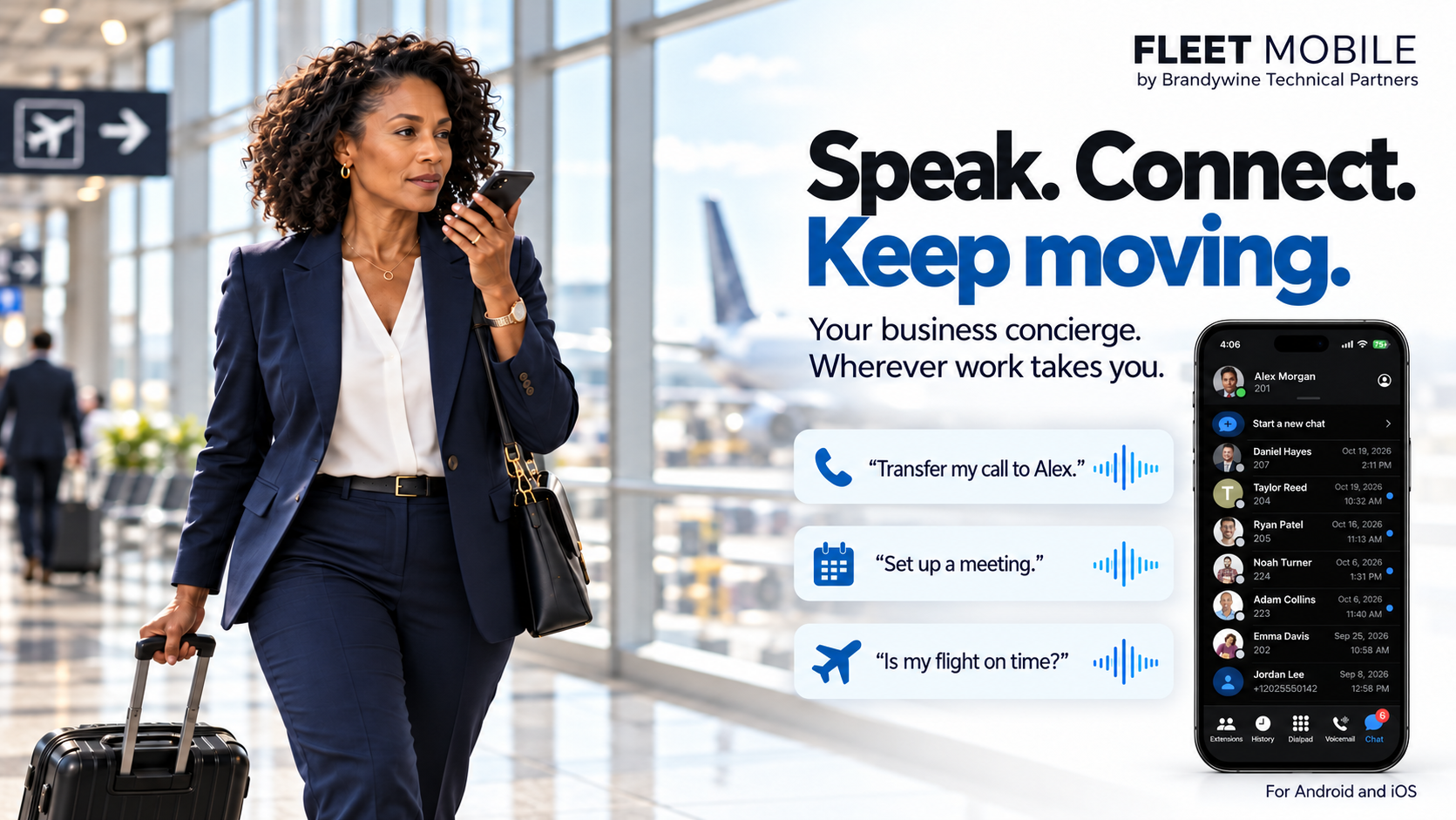 An executive at an airport uses Concierge to transfer a call, set up a meeting, and check her flight.