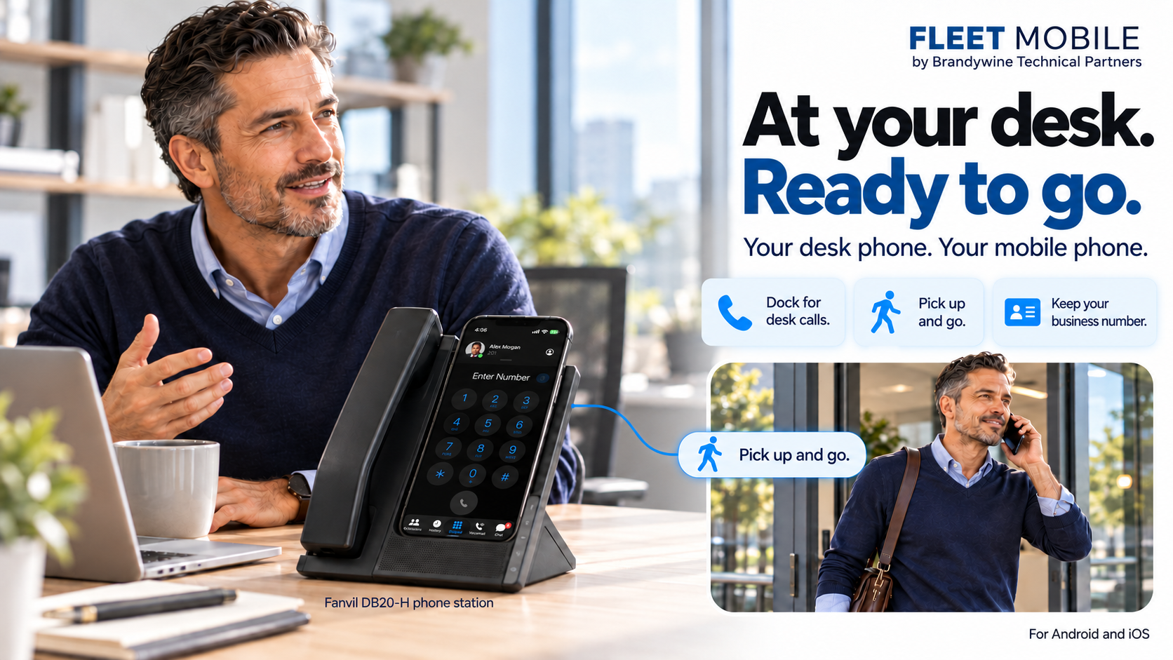 At your desk. Ready to go. Fleet Mobile in a Fanvil DB20-H desk station, then carried out of the office.