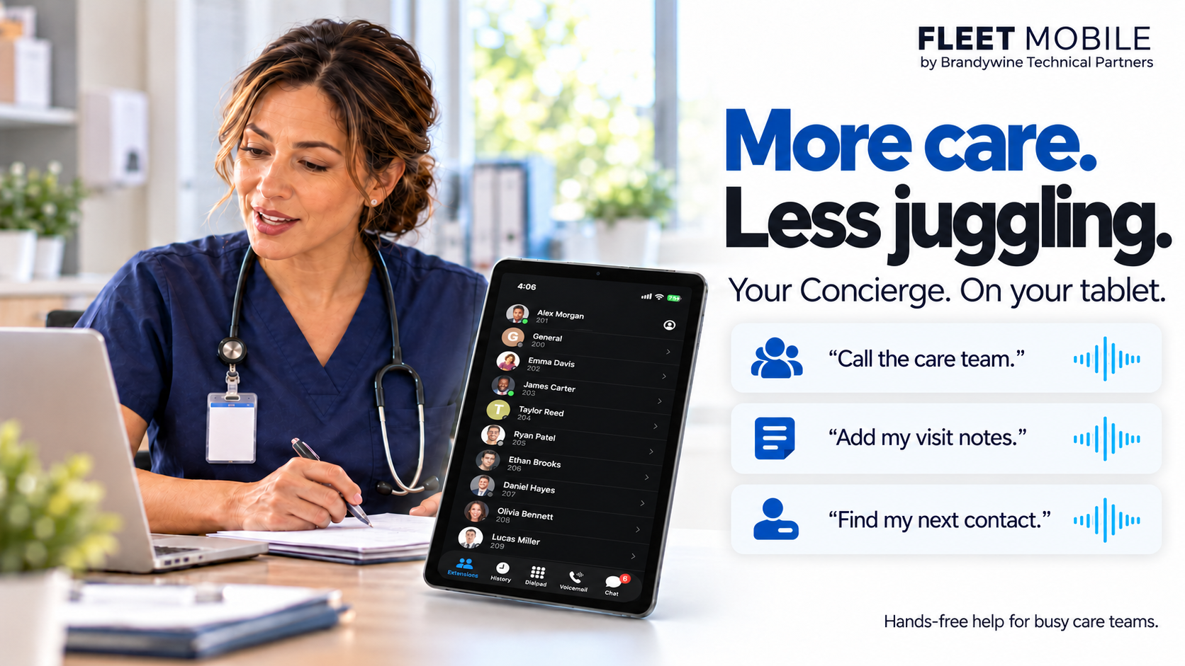More care. Less juggling. Fleet Mobile floats over a medical workspace on a nurse’s tablet.