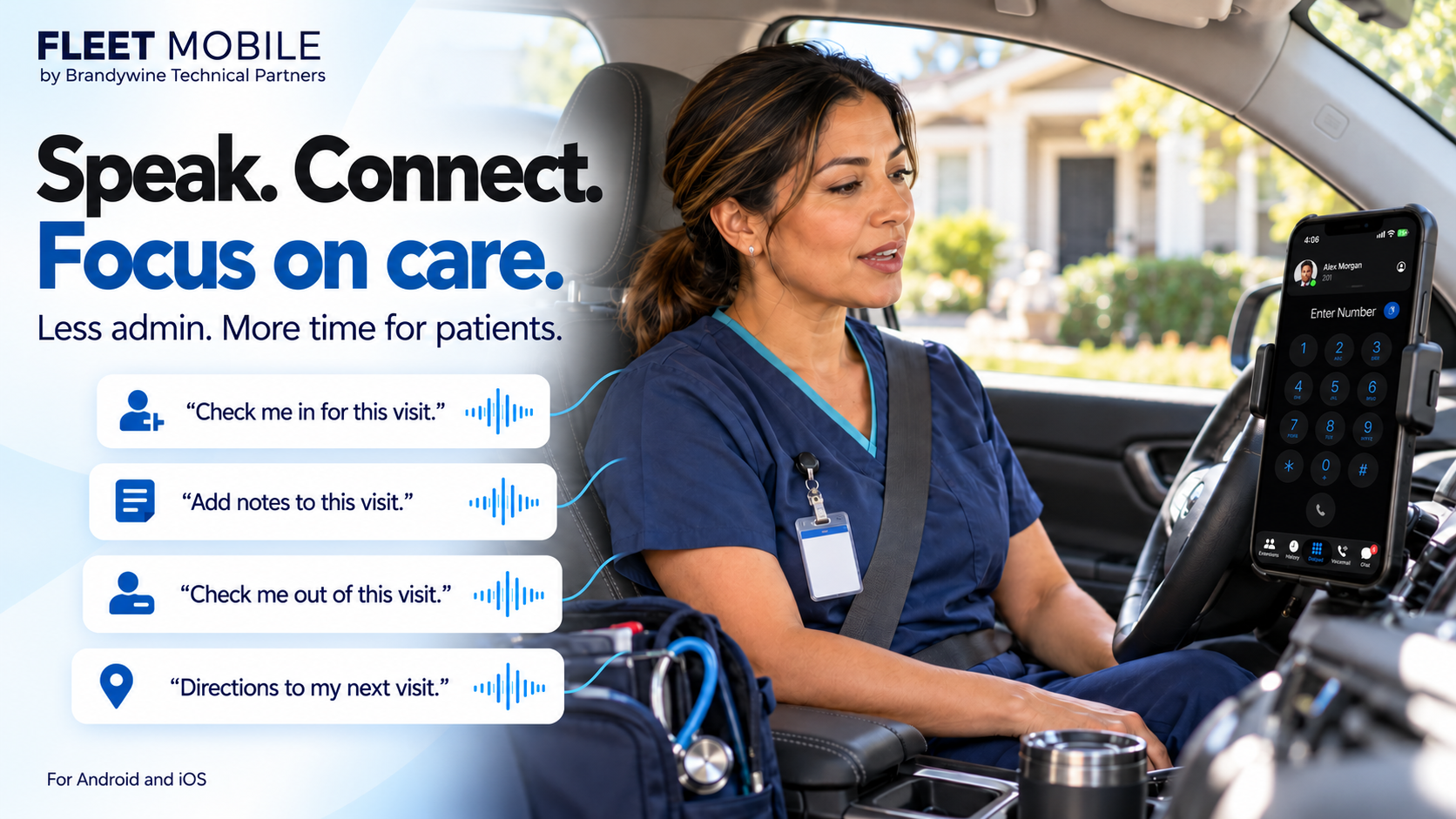Visiting nurse in a parked car using Fleet Mobile for check-ins, visit notes, and directions