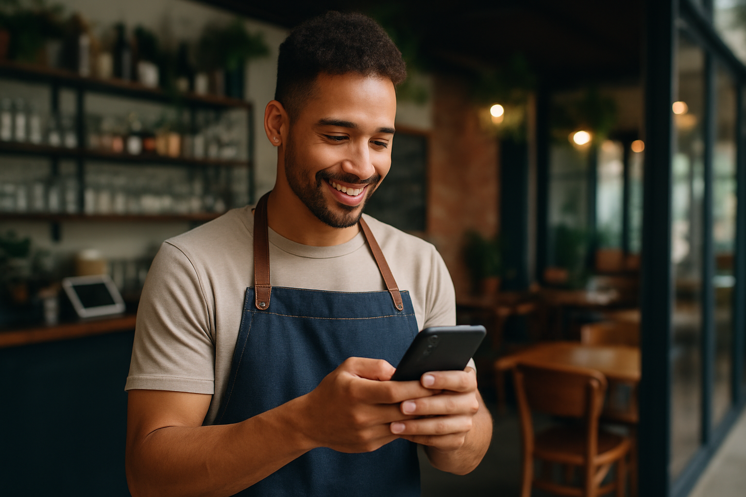 A business owner reading a rich business message